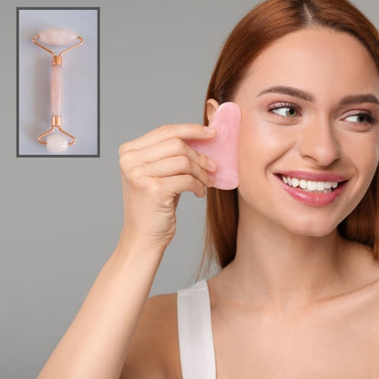 Gua sha visage | RoseGuagha™ | Kit de massage Gua sha et roll - on quart rose, antirides, apaise et lisse la peau - belleMbeauté