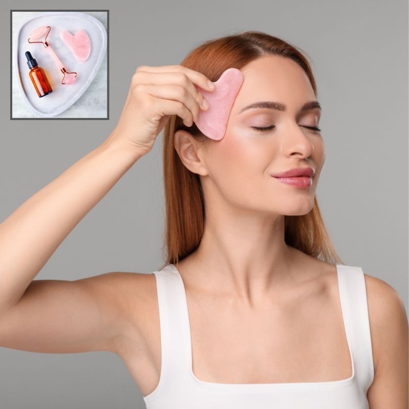 Gua sha visage | RoseGuagha™ | Kit de massage Gua sha et roll - on quart rose, antirides, apaise et lisse la peau - belleMbeauté