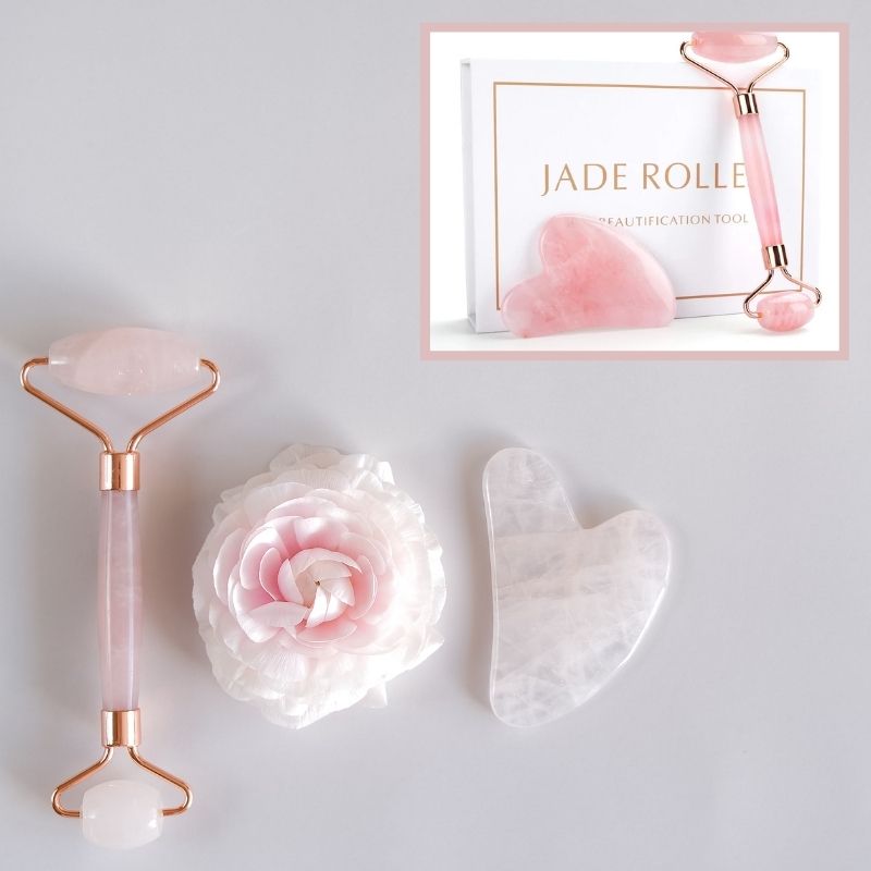 Gua sha visage | RoseGuagha™ | Kit de massage Gua sha et roll - on quart rose, antirides, apaise et lisse la peau - belleMbeauté