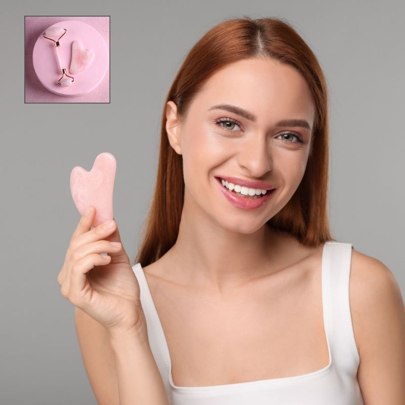 Gua sha visage | RoseGuagha™ | Kit de massage Gua sha et roll - on quart rose, antirides, apaise et lisse la peau - belleMbeauté