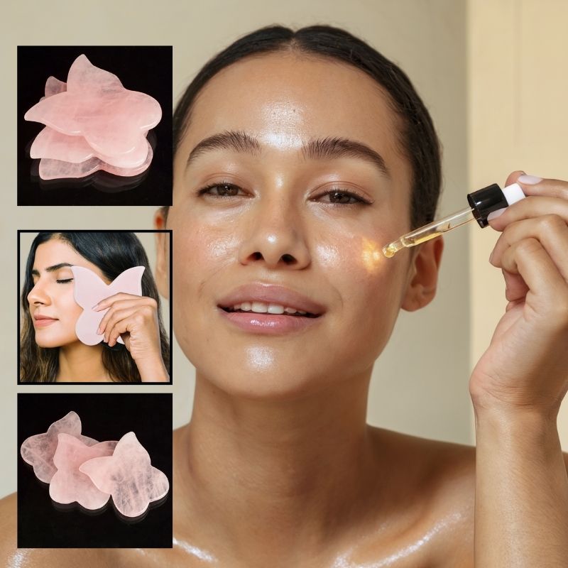 Pierre gua sha | Butterfly | outil de massage facial anti ride en quart rose en forme de papillon - belleMbeauté